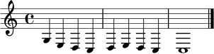 \relative c' { \clef treble \key c \major \time 4/4 g4 e d c | d4 e d c | c1 \bar "|." }