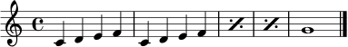 \relative c' {
\clef treble
\key c \major
\time 4/4
c4 d e f |
\repeat percent 3 { c4 d e f | }
g1
\bar "|."
}