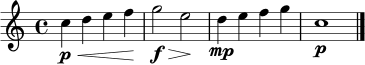 \relative c'' {
\set Staff.midiInstrument = "flute"
\clef treble
\time 4/4
c4\p\< d e f\! | g2\f\> e\! | d4\mp e f g | c,1\p \bar "|."
}