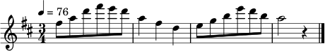 \relative c'' { \set Staff.midiInstrument = "celesta" \time 3/4 \key d \major \tempo 4 = 76 fis8 a d fis e d | a4 fis d | e8 g b e d b | a2 r4 \bar "|." }