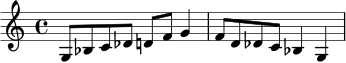 
\relative c' {
  \time 4/4
  g8 bes c des d f g4 |
  f8 d des c bes4 g |
}
