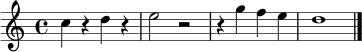 \relative c'' { \time 4/4 c4 r d r | e2 r2 | r4 g f e | d1 \bar "|." }