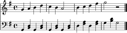 \score {
<<
\new Staff \relative c'' {
\key g \major
\time 4/4
g4 a b d | c4 b a2 | b4 c d fis | g2 r2 \bar "|."
}
\new Staff \relative c {
\clef bass
\key g \major
\time 4/4
g4 <b d> g <b d> | g4 <b d> g <b d> | d4 <fis a> d <fis a> | g4 <b d> g2 \bar "|."
}
>>
\layout { }
\midi { \tempo 4=88 }
}
