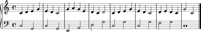 \version "2.24.0"
\header { tagline = ##f }
\score {
\new PianoStaff <<
\new Staff = "Melodie" \relative c' {
\clef treble
\key c \major
\time 4/4
c4 d e g | e d c2 | g'4 a g e | d c d2 |
c4 d e g | e d c2 | d4 e d c | g'2 c,2 \bar "|."
}
\new Staff = "Bass" \relative c {
\clef bass
\key c \major
\time 4/4
c2 g | c g | e a | d g |
c, g' | c, g' | f g | c,1
}
>>
\layout { }
\midi { \tempo 4 = 92 }
}