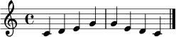 \relative c' {
\clef treble
\key c \major
\time 4/4
c4 d e g | g4 e d c \bar "|."
}