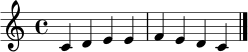 \relative c' { \clef treble \time 4/4 c4 d e e | f e d c \bar "|." }