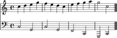 \version "2.24.0"
\score {
<<
\new Staff = "Melodie" \with { midiInstrument = "flute" } \relative c'' {
\clef treble
\key c \major
\time 4/4
c4 d e g | f e d c | e f g a | g2 c,2 \bar "|."
}
\new Staff = "Begleitung" \with { midiInstrument = "acoustic grand" } \relative c {
\clef bass
\key c \major
\time 4/4
c2 g | c g | f c | g c \bar "|."
}
>>
\layout { }
\midi { \tempo 4 = 72 }
}