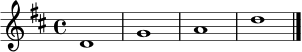 \relative d' {
\key d \major
\time 4/4
d1 | g1 | a1 | d1 \bar "|."
}