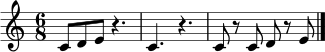 \relative c' {
\clef treble
\time 6/8
c8 d8 e8 r4. |
c4. r4. |
c8 r8 c8 d8 r8 e8 \bar "|."
}
