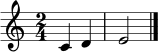 \relative c' { \clef treble \key c \major \time 2/4 c4 d e2 \bar "|." }