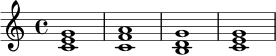 \relative c' { \key c \major \time 4/4 <c e g>1 | <c f a>1 | <b d g>1 | <c e g>1 | }