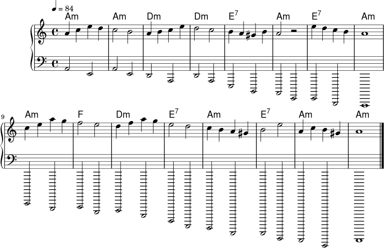 \version "2.22.0"
akkorde = \chordmode { a1:m a:m d:m d:m e:7 a:m e:7 a:m a:m f d:m e:7 a:m e:7 a:m a:m }
melodie = \relative c'' { \set Staff.midiInstrument = "violin" \key a \minor \time 4/4 \tempo 4 = 84 a4 c e d | c2 b | a4 b c e | d2 c | b4 a gis b | a2 r2 | e'4 d c b | a1 | c4 e a g | f2 e | d4 f a g | e2 d | c4 b a gis | b2 e | a,4 c b gis | a1 \bar "|." }
bass = \relative c { \set Staff.midiInstrument = "acoustic grand" \clef bass \key a \minor \time 4/4 a2 e | a e | d a | d a | e b | a e | e b | a1 | a2 e | f c | d a | e b | a e | e b | a e | a1 \bar "|." }
\score {
<<
\new ChordNames \akkorde
\new PianoStaff <<
\new Staff \melodie
\new Staff \bass
>>
>>
\layout { }
\midi { \tempo 4 = 84 }
}
