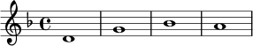 \relative c' {
\key d \minor
\time 4/4
d1 | g1 | bes1 | a1 |
}