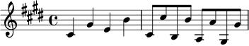 \relative c' {
\key cis \minor
\time 4/4
cis4 gis' e b' |
cis,8 cis' b, b' a, a' gis, gis' |
}