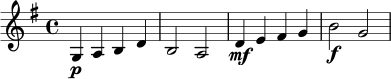 \relative c' {
\key g \major
\time 4/4
g4\p a b d | b2 a | d4\mf e fis g | b2\f g |
}