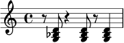 \relative c' {
\time 4/4
r8 <g bes d>8 r4 <g bes d>8 r8 <g bes d>4
}