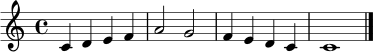 \relative c' { \clef treble \time 4/4 \key c \major c4 d e f | a2 g | f4 e d c | c1 \bar "|." }