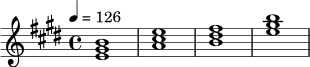 \relative c' {
\key e \major
\time 4/4
\tempo 4 = 126
<e gis b>1 |
<a cis e>1 |
<b dis fis>1 |
<e gis b>1
}