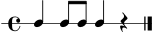 
\version "2.22.0"
\score {
  \new RhythmicStaff {
    \time 4/4
    c4 c8 c8 c4 r4 \bar "|."
  }
  \layout { }
  \midi { \tempo 4 = 84 }
}
