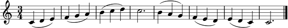 
\relative c' {
  \clef treble
  \key c \major
  \time 3/4
  c4( d e) | f4( g a) | b4( c d) | c2. |
  b4( a g) | f4( e d) | e4( d c) | c2. \bar "|."
}
