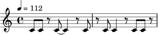 \relative c' {
\time 4/4
\tempo 4 = 112
c8 c r c~ c4 r8 c |
r8 c c4 r8 c c r |
}