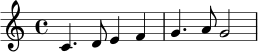 \relative c' { \time 4/4 c4. d8 e4 f4 | g4. a8 g2 | }