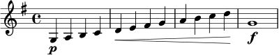 \relative c' {
\key g \major
\time 4/4
g4\p a b c |
d4\< e fis g |
a4 b c d\! |
g,1\f |
}