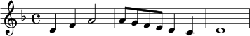 \relative c' {
\key d \minor
\time 4/4
d4 f a2 |
a8 g f e d4 c |
d1
}
