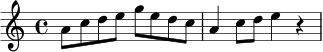 \relative c'' {
\key a \minor
\time 4/4
a8 c d e g e d c |
a4 c8 d e4 r4 |
}
