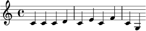 \relative c' { \clef treble \time 4/4 c4 c | c d | c e | c f | c g | }