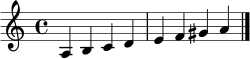 \relative c' { \clef treble \key a \minor \time 4/4 a4 b c d | e f gis a \bar "|." }