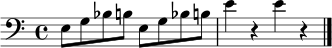 
\relative c {
  \clef bass
  \time 4/4
  e8 g bes b e, g bes b |
  e4 r4 e4 r4 |
  \bar "|."
}

