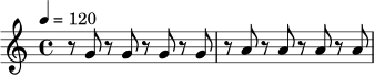 \version "2.24.0"
\relative c'' {
\time 4/4
\tempo 4 = 120
r8 g r g r g r g |
r8 a r a r a r a |
}
\layout { }
\midi { }