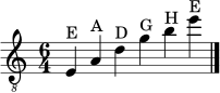 { \clef "treble_8" \time 6/4 \set Staff.midiInstrument = "acoustic guitar (nylon)" e4^"E" a^"A" d'^"D" g'^"G" b'^"H" e''^"E" \bar "|." }