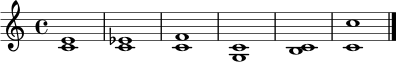 \relative c' {
\clef treble
\time 4/4
<c e>1 | <c es>1 | <c f>1 | <c g>1 | <c b>1 | <c c'>1 \bar "|."
}