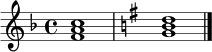 
\relative c' {
  \time 4/4
  \key f \major
  <f a c>1 |
  \key g \major
  <g b d>1 \bar "|."
}
