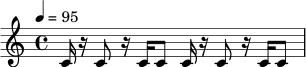 \relative c' {
\time 4/4
\tempo 4 = 95
c16 r16 c8 r16 c16 c8 c16 r16 c8 r16 c16 c8 |
}