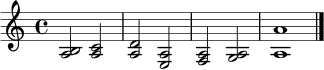 \relative c' { \clef treble \time 4/4 <a b>2 <a c> <a d> <a e> <a f> <a g> <a a'>1 \bar "|." }