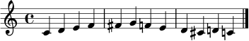 \relative c' {
\clef treble
\time 4/4
c4 d e f | fis g f! e | d cis d! c
\bar "|."
}