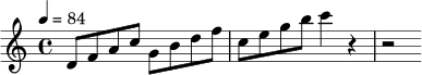 
\relative c' {
  \clef treble
  \key c \major
  \time 4/4
  \tempo 4 = 84
  d8 f a c
  g8 b d f
  c8 e g b
  c4 r4 r2
}
