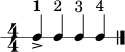 \version "2.22.0"
\paper { indent = 0\mm line-width = 135\mm }
\header { tagline = ##f }
\score {
\new RhythmicStaff {
\numericTimeSignature
\time 4/4
c'4->^\markup { \bold "1" } c'4^\markup { "2" } c'4^\markup { "3" } c'4^\markup { "4" } \bar "|."
}
\layout { }
\midi { \tempo 4 = 84 }
}