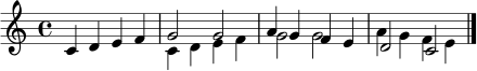 \new Staff <<
\new Voice = "eins" { \voiceOne \relative c' { \clef treble \key c \major \time 4/4 c4 d e f | g2 g | a4 g f e | d2 c \bar "|." } }
\new Voice = "zwei" { \voiceTwo \relative c' { s1 | c4 d e f | g2 g | a4 g f e \bar "|." } }
>>