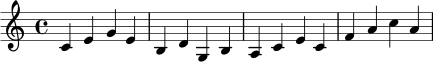 \relative c' {
\key c \major
\time 4/4
c4 e g e |
b d g, b |
a c e c |
f a c a |
}