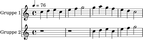 \header { tagline = ##f }
\score {
<<
\new Staff \with { instrumentName = "Gruppe 1" } \relative c'' {
\tempo 4 = 76
\clef treble
\time 4/4
c4 d e c | e4 f g2 | g4 a g f | e4 d c2
}
\new Staff \with { instrumentName = "Gruppe 2" } \relative c'' {
\clef treble
\time 4/4
r1 | r1 | c4 d e c | e4 f g2
}
>>
\layout { }
\midi { }
}
