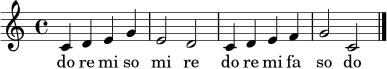 \relative c' {
\clef treble
\key c \major
\time 4/4
c4 d e g | e2 d | c4 d e f | g2 c, \bar "|."
}
\addlyrics { do re mi so mi re do re mi fa so do }