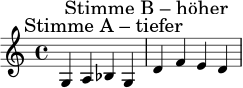 \relative c' {
\time 4/4
\mark \markup { "Stimme A – tiefer" }
g4 a bes g |
\mark \markup { "Stimme B – höher" }
d'4 f e d |
}