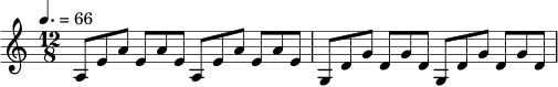 \relative c' {
\key a \minor
\time 12/8
\tempo 4. = 66
a8 e' a e a e a, e' a e a e |
g,8 d' g d g d g, d' g d g d |
}