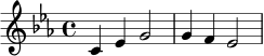 
\relative c' {
  \key c \minor
  \time 4/4
  c4 ees g2 |
  g4 f ees2 |
}
