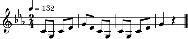 \relative c' { \set Staff.midiInstrument = "acoustic grand" \time 2/4 \key c \minor \tempo 4 = 132 c8 g c ees | g ees c g | c g c ees | g4 r \bar "|." }