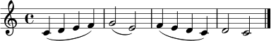 \relative c' {
\set Staff.midiInstrument = "flute"
\key c \major
\time 4/4
c4( d e f) | g2( e) | f4( e d c) | d2 c \bar "|."
}